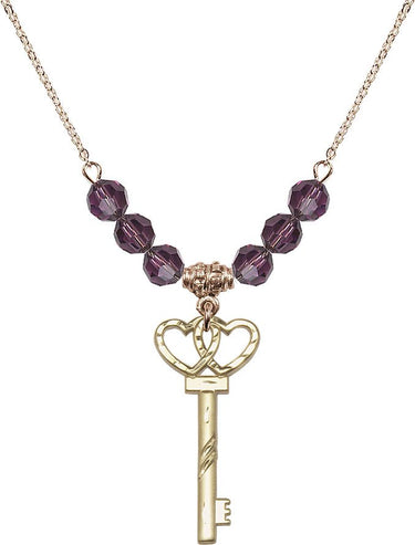 Collar con dije de llave pequeña con doble corazón y piedra de nacimiento | Cuentas de 6 mm