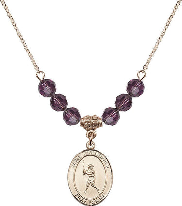 Collar con dije de San Cristóbal de béisbol y piedra de nacimiento | 1.9 cm | Cuentas de 6 mm | N30-8150