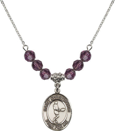 Collar con colgante de tenis y piedra de nacimiento de San Cristóbal | 1,9 cm | Cuentas de 6 mm | N30-8156