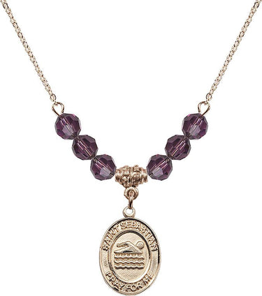 Collar con dije de San Sebastián (natación) y piedra de nacimiento | 1,9 cm | Cuentas de 6 mm