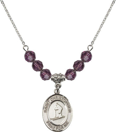 Collar con dije de San Cristóbal de esquí y piedra de nacimiento | 1,9 cm | Cuentas de 6 mm