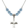Cross Birthstone Necklace | 1 1/8 inch | 6mm Beads  Aqua Sterling Silver