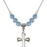 Cross Birthstone Necklace | 1 1/8 inch | 6mm Beads  Aqua Sterling Silver