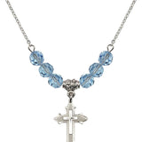 Cross Birthstone Necklace | 7/8 inch | 6mm Beads  Aqua Sterling Silver