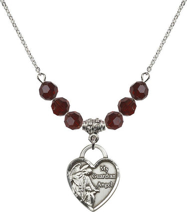 Guardian Angel Heart Birthstone Necklace | 3/4 inch | 6mm Beads