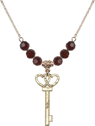 Collar con dije de llave pequeña con doble corazón y piedra de nacimiento | Cuentas de 6 mm