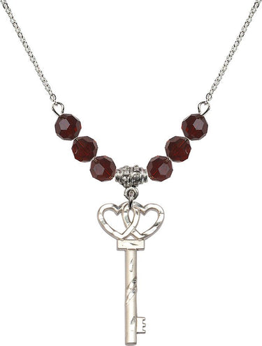 Collar con dije de llave pequeña con doble corazón y piedra de nacimiento | Cuentas de 6 mm