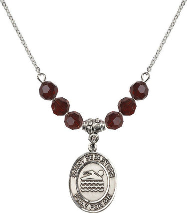 Collar con dije de San Sebastián (natación) y piedra de nacimiento | 1,9 cm | Cuentas de 6 mm