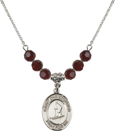 Collar con dije de San Cristóbal de esquí y piedra de nacimiento | 1,9 cm | Cuentas de 6 mm