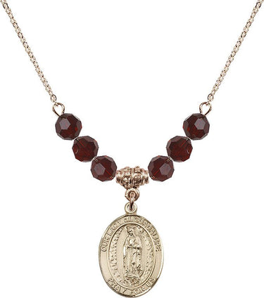 Collar de la Virgen de Guadalupe con piedra natal | 1,9 cm | Cuentas de 6 mm
