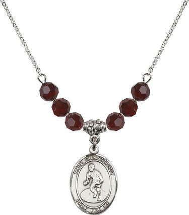 St. Christopher Wrestling Birthstone Necklace | 3/4 inch | 6mm Beads | N30-8508