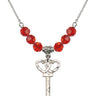 Small Key w/Double Hearts Birthstone Necklace | 1 1/4 inch | 6mm Beads  Ruby Sterling Silver
