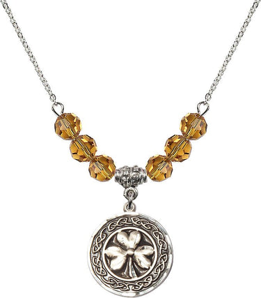 Shamrock w/ Celtic Border Birthstone Necklace | 3/4 inch | 6mm Beads
