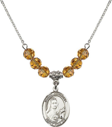 Collar de santa Teresa de Lisieux con piedra de nacimiento | 1,9 cm | Cuentas de 6 mm