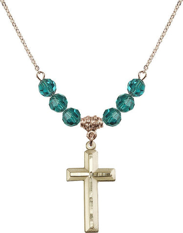 Aqua Cross Birthstone Necklace | 1 1/8 inch | 6mm Beads