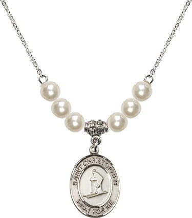 St. Christopher Skiing Crystal Necklace | 3/4 inch | 6mm Beads