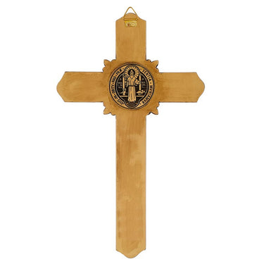 12 inch large resin St. Benedict wall crucifix with detailed medal imagery and antiqued finish by Autom