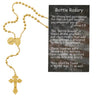 Gold plated St. Benedict rosary with St. Benedict medal centerpiece, Battle Rosary card, and hang bag included