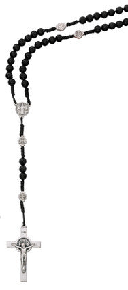 Close-up of black wood beads and silver oxidized Our Father beads on St. Benedict cord rosary P266R