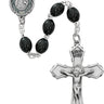 4x6mm black wood rosary with silver oxidized crucifix and center piece on retail display card, 25 inch length