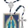Large blue wood Miraculous Medal rosary with silver oxidized crucifix and center medal, 21 inches in length, shown with laminated holy card