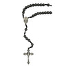 8mm hematite bead corded rosary with black cord and silver oxidized Miraculous Medal center and crucifix hang carded