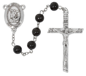 8mm black wood St. Michael rosary P527R shown in gift box packaging with silver ox center and crucifix detail