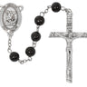 8mm black wood St. Michael rosary with silver oxidized crucifix and center piece displayed against white background