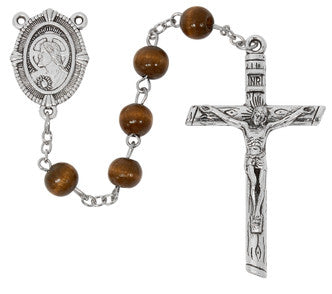 Close-up of 8mm brown wood rosary beads with silver ox Sacred Heart center and oxidized silver crucifix