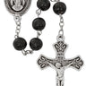8mm black carved wood Miraculous Medal rosary with silver oxidized crucifix and center, shown in gift box