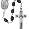 Black wood oval bead rosary with silver oxidized crucifix and center piece shown full length on white background
