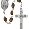 Brown wood bead rosary with silver oxidized crucifix and center medal displayed on retail card