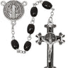 Black wood St. Benedict rosary with silver oxidized crucifix and St. Benedict center medal displayed against a white background