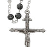 6mm hematite St. Michael rosary with dark metallic beads and St. Michael centerpiece in a plastic gift box