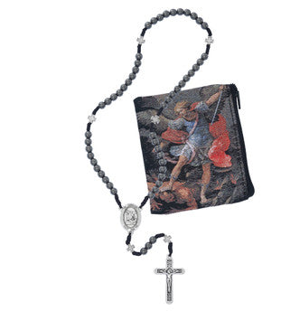Close-up of 6mm hematite beads on corded St. Michael rosary with silver ox center piece