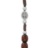 Mahogany wood St. Benedict rosary made in Italy with St. Benedict medal crucifix and warm brown natural wood beads on hang card