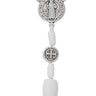 Large white wood St. Benedict five-decade rosary made in Italy displayed on hang card with St. Benedict medal crucifix