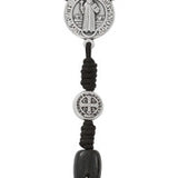 Large black wood St. Benedict five-decade rosary made in Italy displayed on hang card