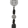 Large black wood St. Benedict five-decade rosary made in Italy displayed on hang card