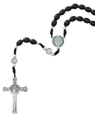 Full view of black wood St. Benedict rosary laid flat showing all five decades and silver oxidized crucifix