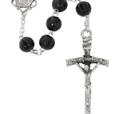 7mm black wood rosary with zinc crucifix and center piece made in Italy, shown full length on white background