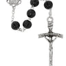Black wood carved rosary made in Italy with dark carved beads and crucifix, carded for display or gifting
