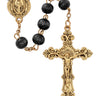 8mm black wood rosary with antique gold plated zinc crucifix and center piece displayed against a neutral background