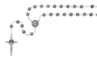 Close-up of all-metal St. Benedict Rosary showing zinc bead construction and St. Benedict medal centerpiece