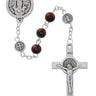 6mm brown glass St. Benedict rosary with zinc St. Benedict crucifix, center piece, and metal Our Father beads in a gift box