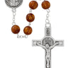8mm sandstone glass St. Benedict rosary with silver oxidized crucifix and center piece displayed against a white background