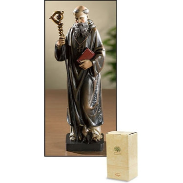 8 inch hand-painted resin St. Benedict statue holding Rule and cross by RosaryCard