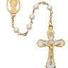 6mm gold plate pearl rosary with gold-tone pewter crucifix and center piece displayed against a neutral background