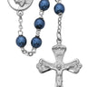7mm blue metallic glass bead rosary with rhodium plated pewter crucifix and Head of Christ center medal in deluxe gift box