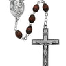 4x6mm brown wood rosary with pewter crucifix and zinc center piece shown against a neutral background